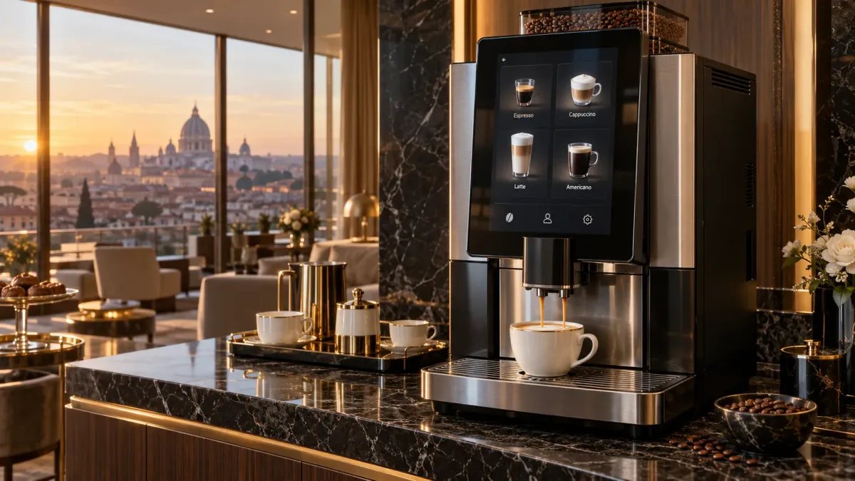 Selección de espresso, cappuccino y latte en una cafetera comercial con pantalla táctil