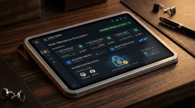 Primer plano de una tablet de diseño exclusivo con marco de titanio sobre un escritorio de madera noble, mostrando una interfaz de usuario de ciberseguridad para el ecosistema residencial.