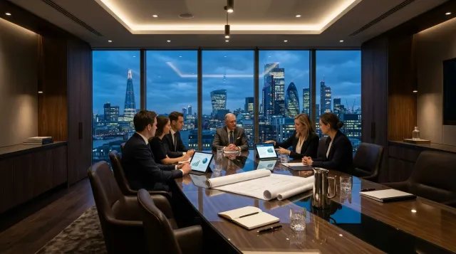 Despacho privado de un Family Office con vistas panorámicas a un distrito financiero global.
