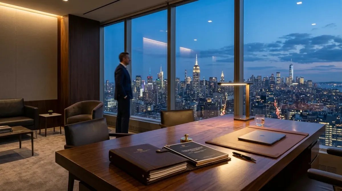 Despacho ejecutivo de lujo con vistas a una metrópolis al atardecer, simbolizando la visión empresarial, la gestión de fortunas y el legado financiero en la industria.