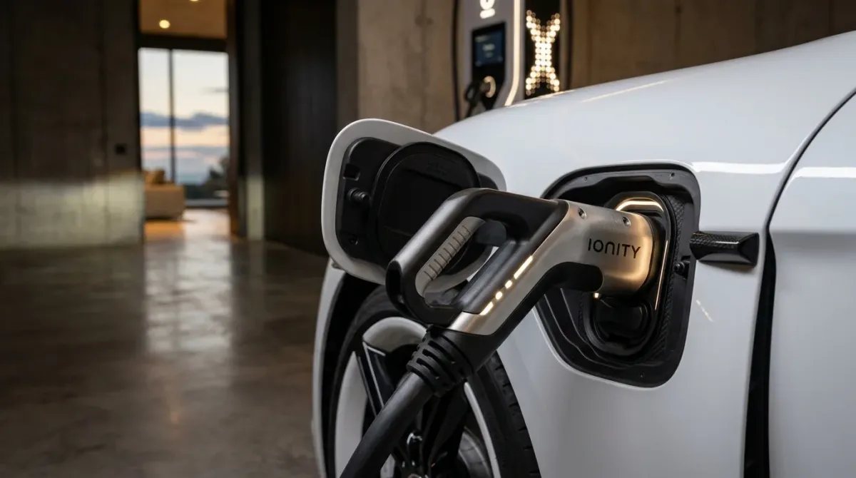 Detalle del puerto de carga de un Porsche Taycan conectado a un punto de carga ultrarrápida de diseño premium en un garaje ejecutivo, ilustrando la eficiencia y rapidez de la tecnología de 800V.