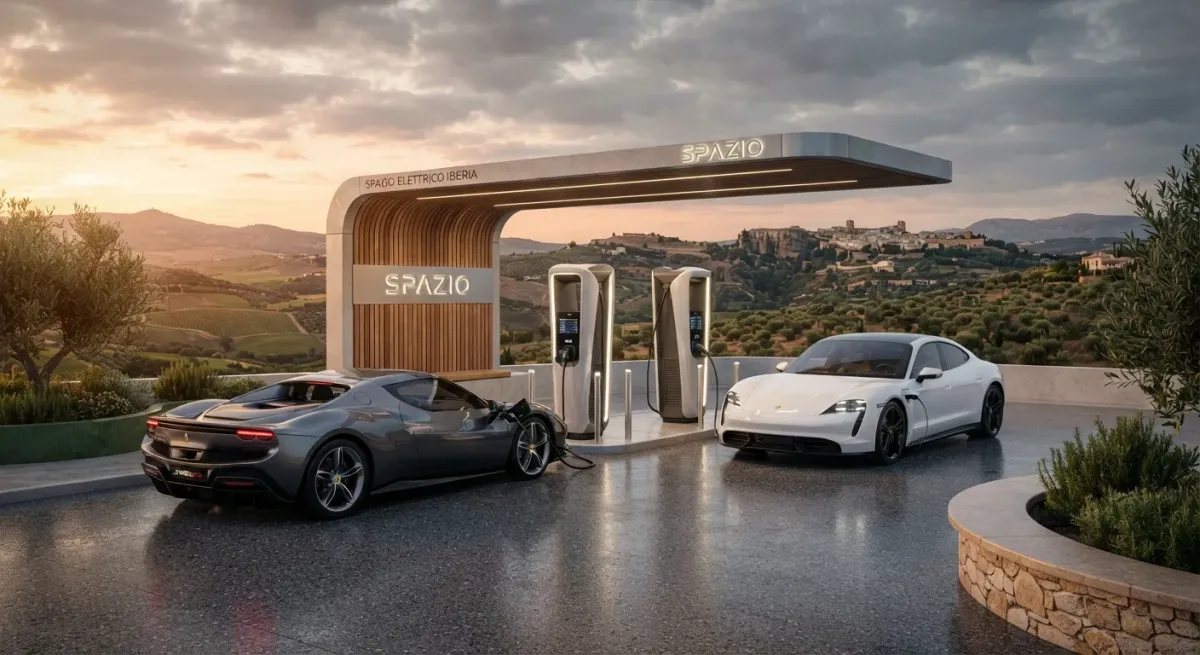 Comparativa visual entre un coche híbrido de lujo y un vehículo eléctrico en una estación de recarga moderna en España.