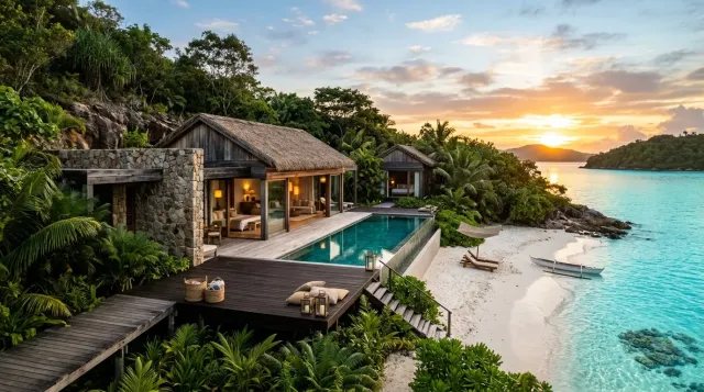 Villa minimalista de ultra-lujo integrada en la naturaleza de una isla privada desierta.