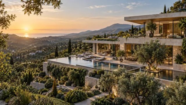 Recreación editorial de una mansión wellness integrada en la naturaleza con piscina y grandes ventanales