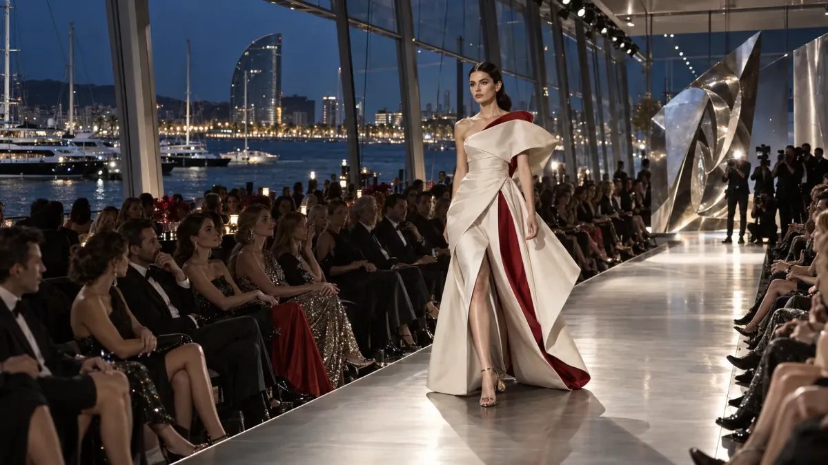 Pasarela de moda de lujo frente al mar durante un evento VIP en Barcelona