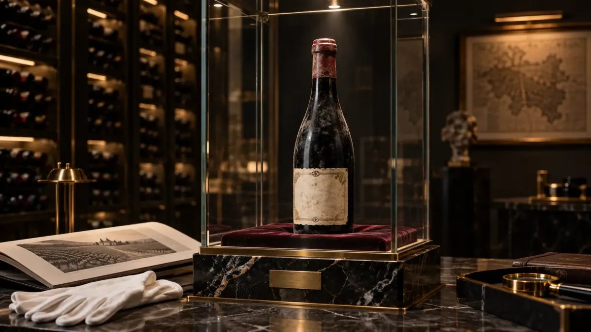 Botella histórica de vino protegida en una vitrina dentro de una bodega de lujo