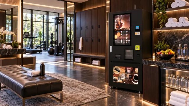 Máquina de café autoservicio instalada en el vestuario de un gimnasio privado