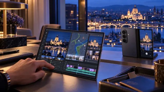 Galaxy Z Fold8 Ultra utilizando su cámara con zoom, edición fotográfica y multitarea en pantalla de 8 pulgadas
