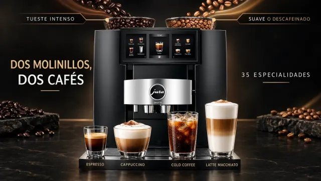 Cafetera JURA GIGA 10 preparando dos cafés en una cocina de lujo