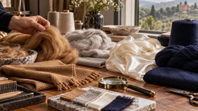 Recreación editorial de fibras de vicuña, cashmere y seda Mulberry examinadas en un taller textil