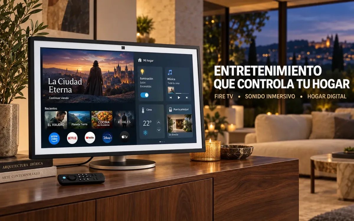 Amazon Echo Show 21 con Fire TV sobre un mueble en un salón premium