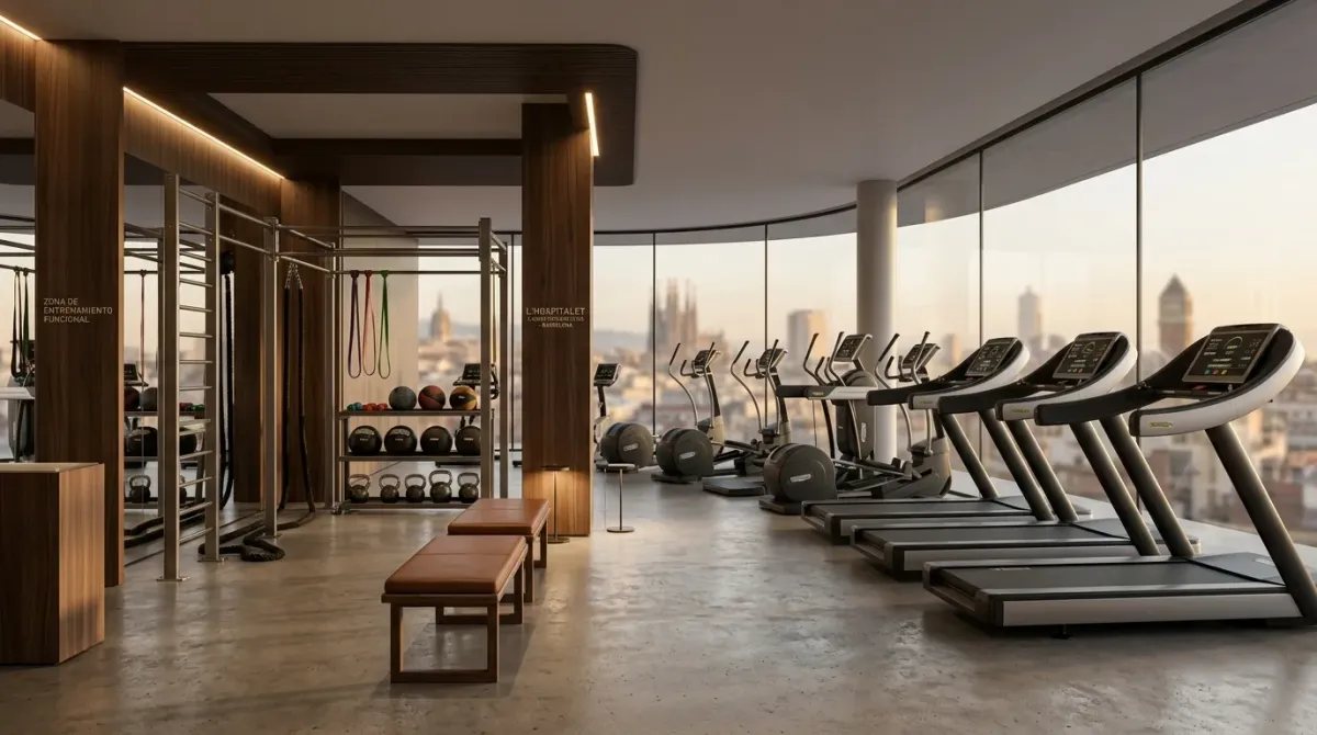 Interior de un gimnasio de lujo en Barcelona, destacando el diseño sofisticado y el equipamiento de alta gama.