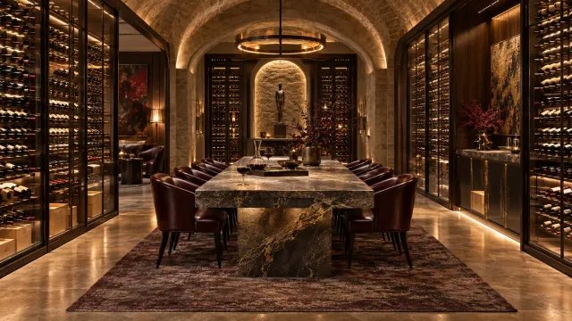 Bodega privada de lujo con cientos de vinos y una gran mesa de cata