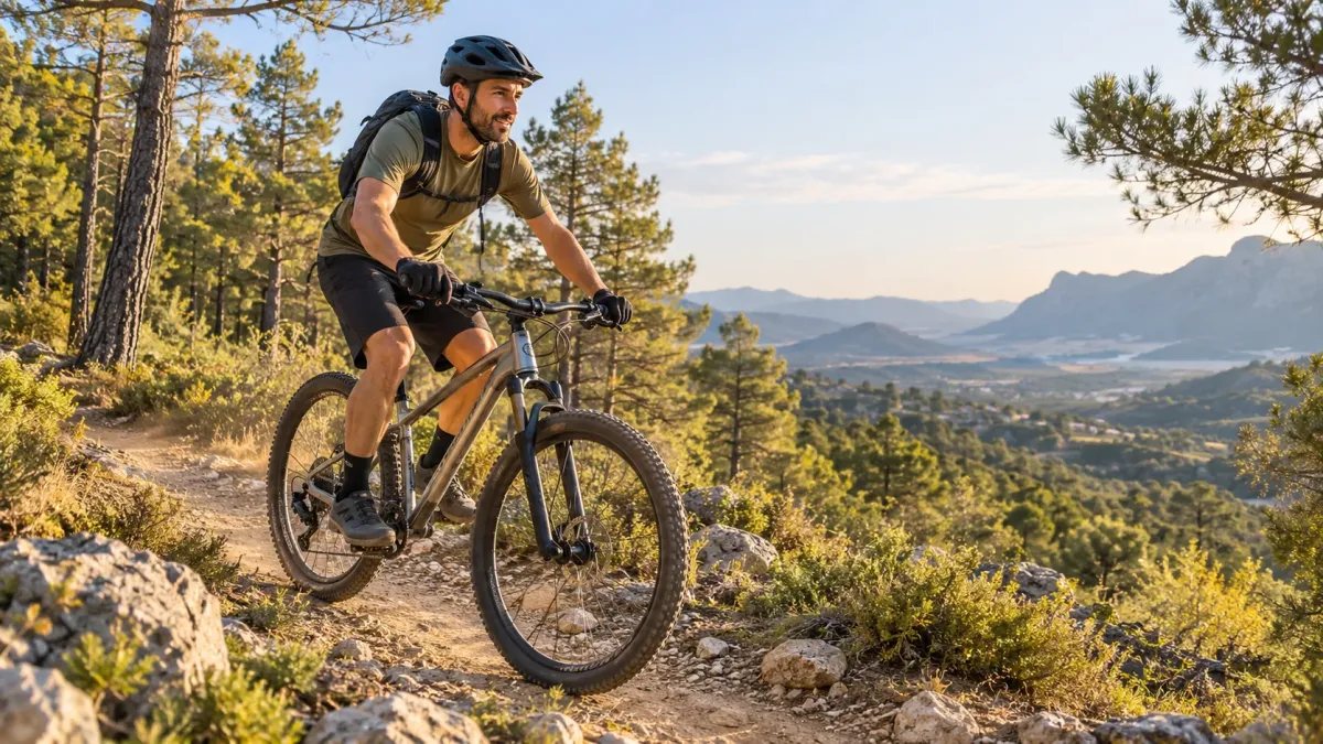Ciclista utilizando una bicicleta de montaña de gama media en una ruta por el bosque