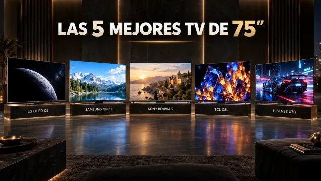 Comparativa de las cinco mejores TV de 75 pulgadas: LG OLED C5, Samsung QN90F, Sony Bravia 9, TCL C8L e Hisense U7Q