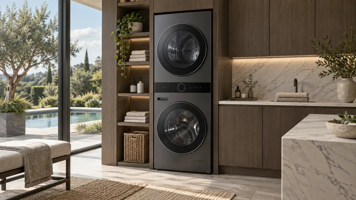 Comparativa de lavadora Samsung Bespoke AI y Bosch Serie 8 en un lavadero de lujo