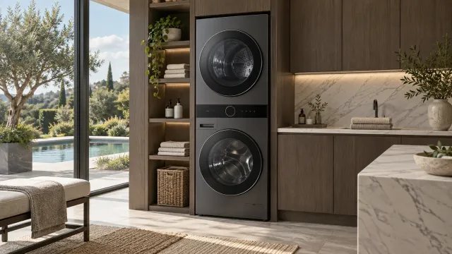 Comparativa de lavadora Samsung Bespoke AI y Bosch Serie 8 en un lavadero de lujo