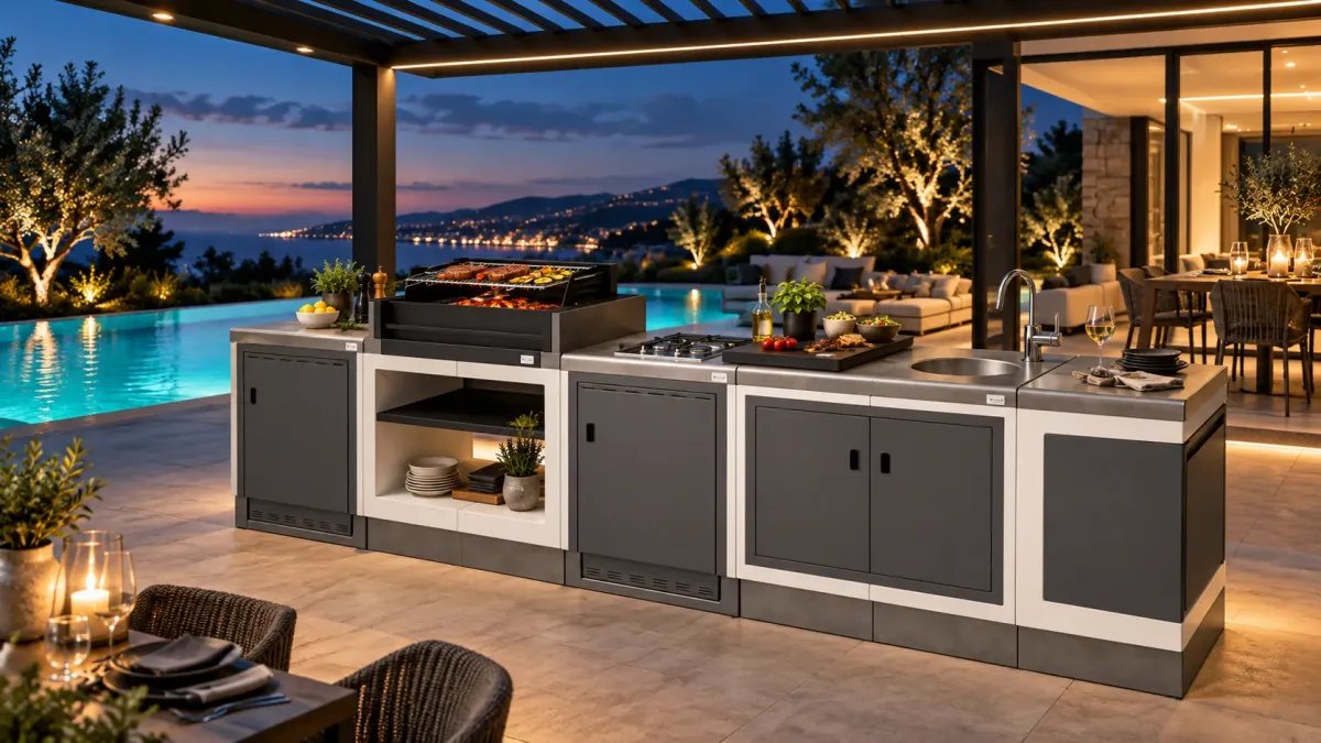 Cocina exterior TUOZI instalada en la terraza nocturna de una villa de lujo con piscina