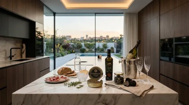 Bodegón de productos gourmet de alta gama en una cocina de diseño en Madrid, reflejando el estándar de aprovisionamiento y gestión de vida diaria para grandes patrimonios.