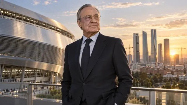 Recreación editorial de Florentino Pérez entre el estadio Santiago Bernabéu y el distrito financiero de Madrid.