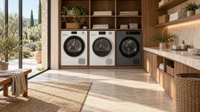 Comparativa de secadoras premium Miele, Bosch y LG instaladas en un lavadero de lujo