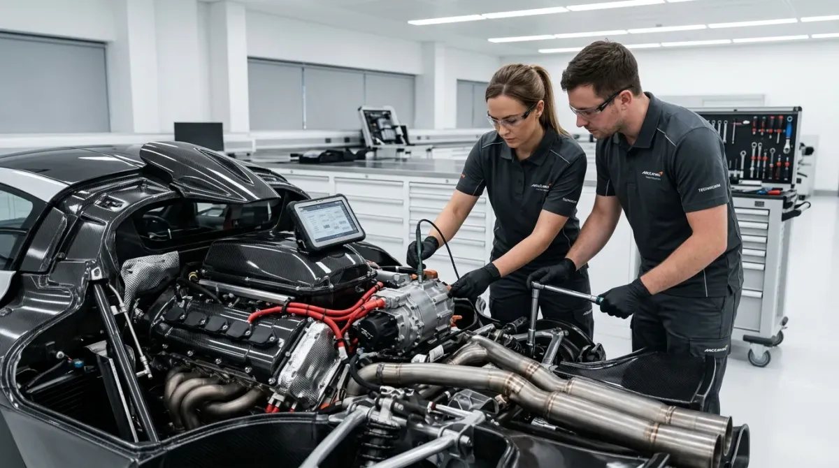Ingenieros especializados realizando una revisión técnica de precisión en el motor de un hypercar.