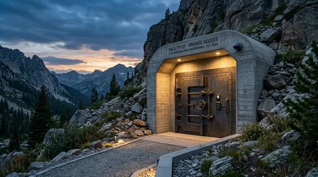 Entrada fortificada de un búnker subterráneo de ultra-lujo en un entorno natural aislado.