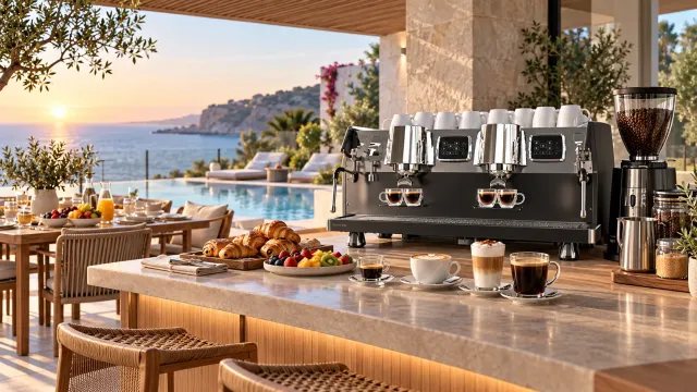 Cafetera profesional de dos grupos instalada en la terraza de una villa de lujo