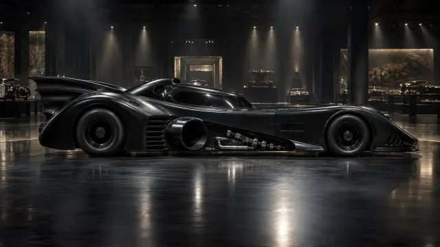 Vista lateral del Batmóvil de Batman Returns inspirado en el coche de Michael Keaton