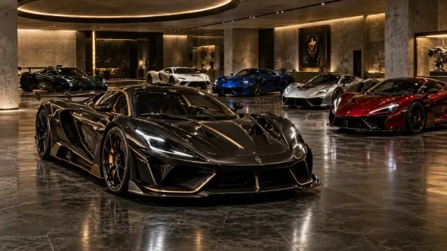 Recreación editorial de una colección de hypercars exclusivos en un garaje climatizado de lujo Descargar Pagani y Koenigsegg de colección