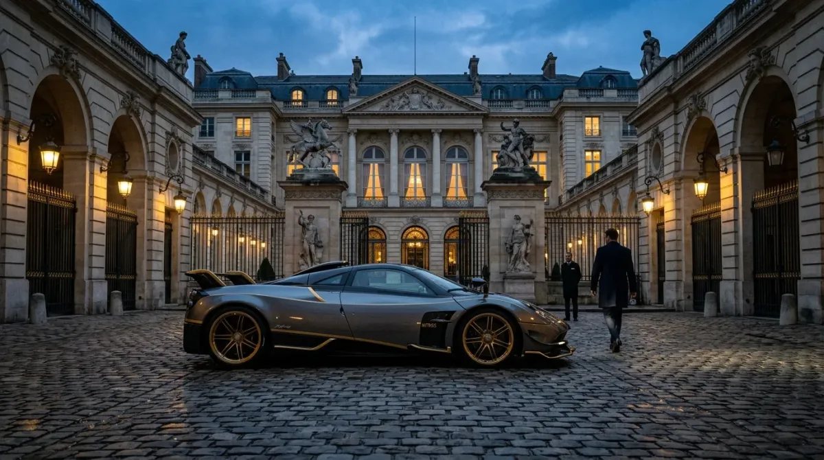 Hiperdeportivo exclusivo aparcado en el patio de un palacete parisino al atardecer, simbolizando el estilo de vida y la imponente colección automotriz del millonario viral Ilan Tobianah.