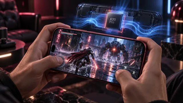 iPhone 18 Pro ejecutando un videojuego con chip A20 Pro y refrigeración por cámara de vapor