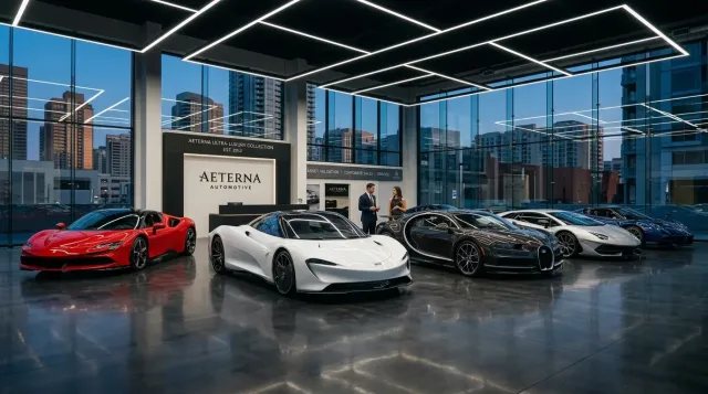 Exclusivo showroom de superdeportivos e hypercars de alta gama, simbolizando el negocio de la compraventa de lujo.