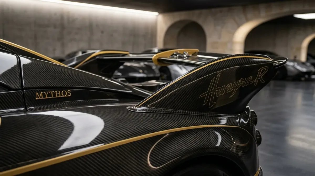 Detalle de las líneas aerodinámicas y la fibra de carbono de un hipercoche de coleccionista en un garaje subterráneo privado de ultra-lujo.