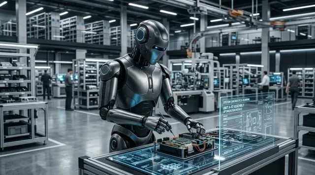 Robot humanoide avanzado trabajando en un centro logístico de alta tecnología, simbolizando la automatización empresarial.