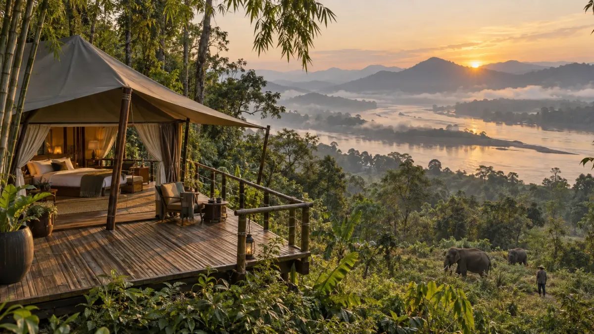 Campamento de lujo entre la selva y el río Mekong con elefantes en el Triángulo de Oro