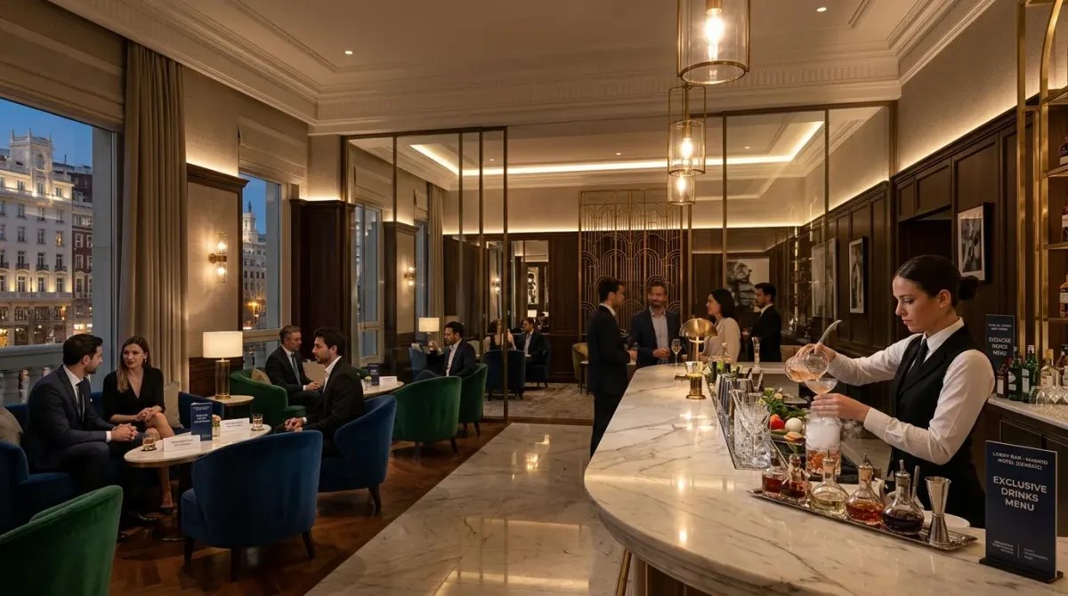 Interior de un salón de lujo en un hotel de cinco estrellas en Madrid, escenario de encuentros exclusivos.