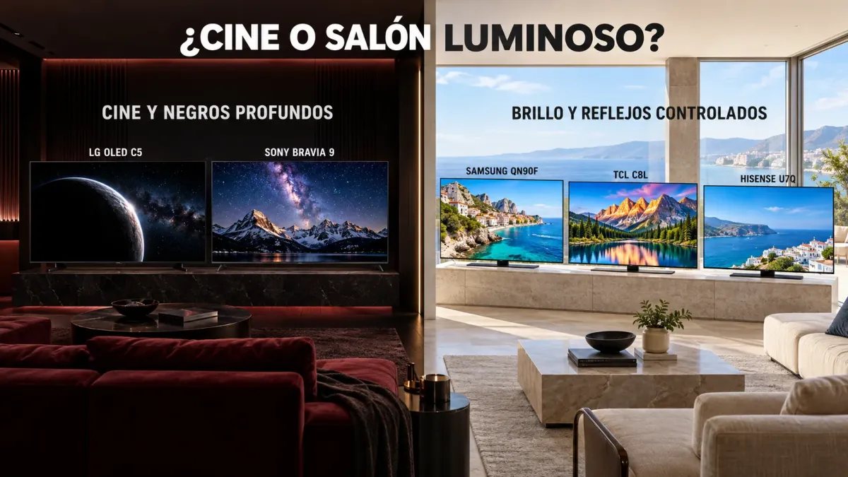 Comparación de televisores de 75 pulgadas para cine oscuro y salones luminosos con LG, Sony, Samsung, TCL e Hisense