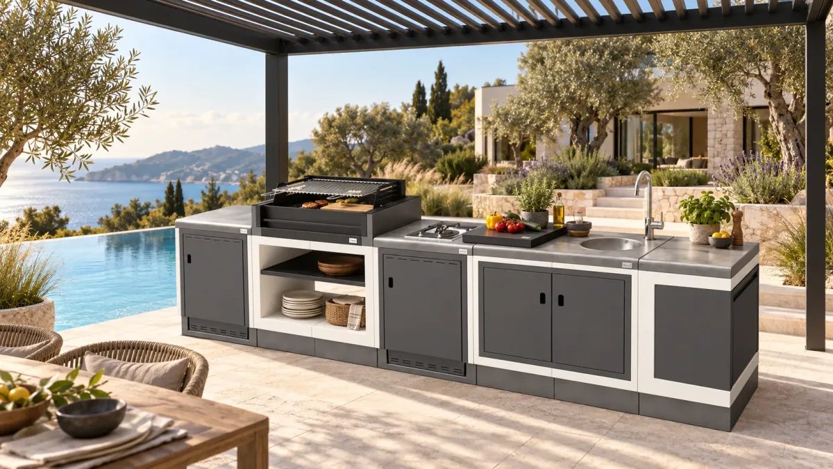 Cocina exterior modular TUOZI con barbacoa y fregadero bajo una pérgola junto a la piscina