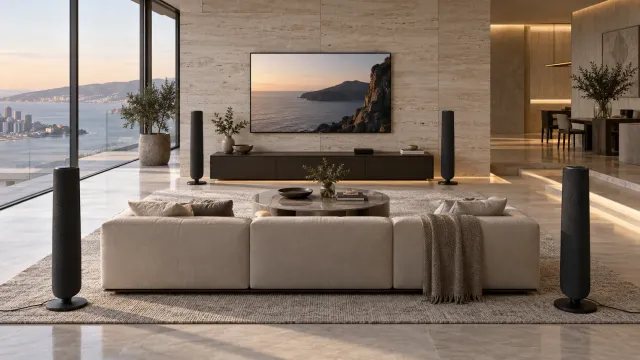 Home cinema de lujo con barra de sonido, subwoofer y altavoces traseros