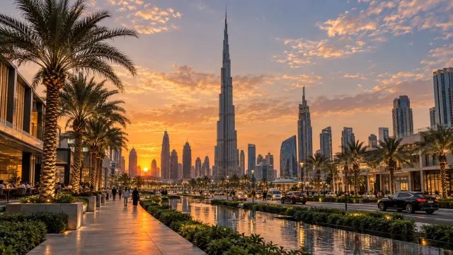 Burj Khalifa y Downtown Dubai al atardecer en la zona más exclusiva del centro