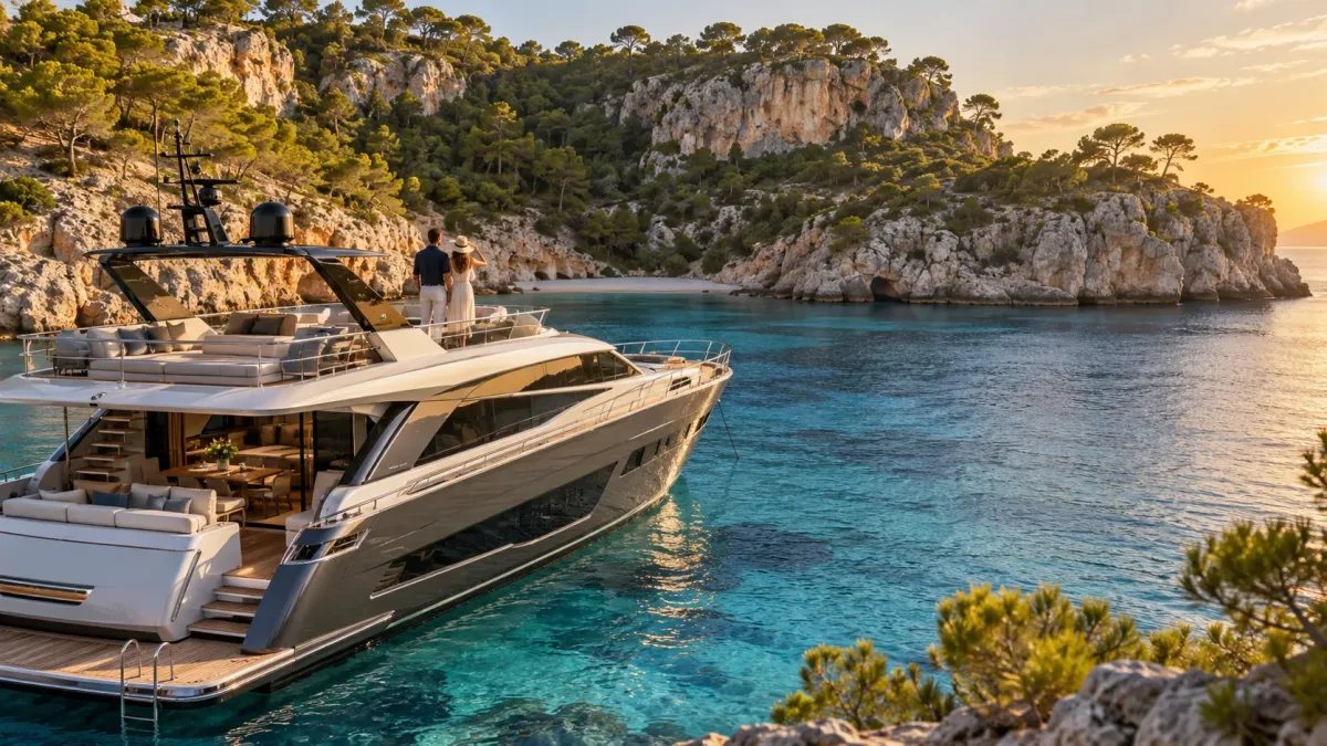 Yate de lujo navegando por una cala de Mallorca con una pareja contemplando la costa