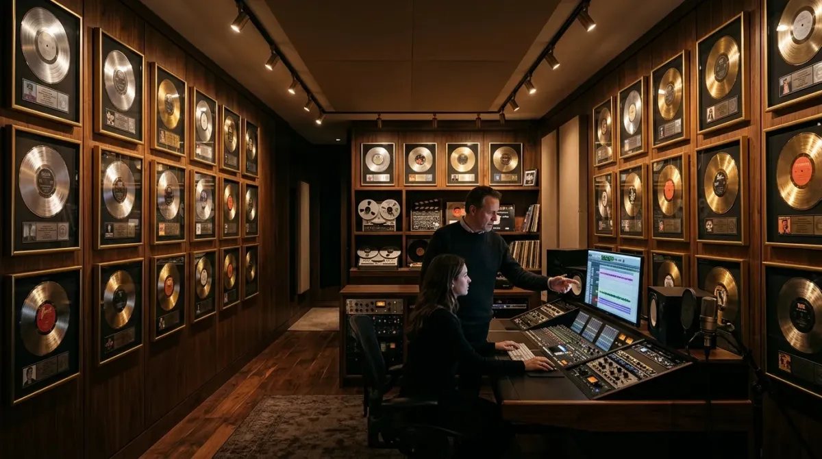 Interior de un estudio de grabación y archivo privado de alta gama con discos de platino enmarcados, reflejando el incalculable valor patrimonial de los derechos de autor.
