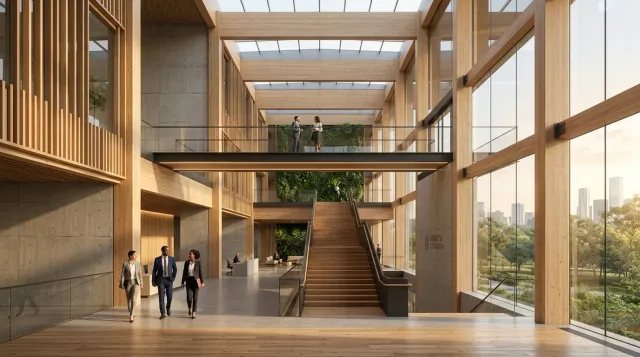 Atrio arquitectónico minimalista de una sede corporativa moderna, simbolizando el legado industrial, la solidez financiera y la perdurabilidad del modelo de inversión.