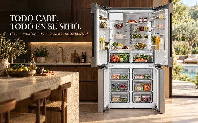 Interior abierto del Bosch KFD96APEA con 574 litros, VitaFresh XXL y seis cajones de congelación