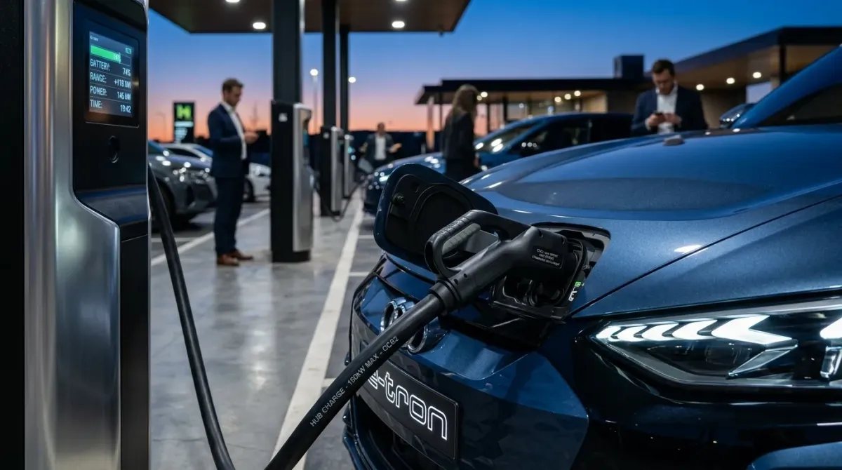 Conexión de un cable de carga de alta potencia en un vehículo eléctrico avanzado, analizando la infraestructura de recarga.