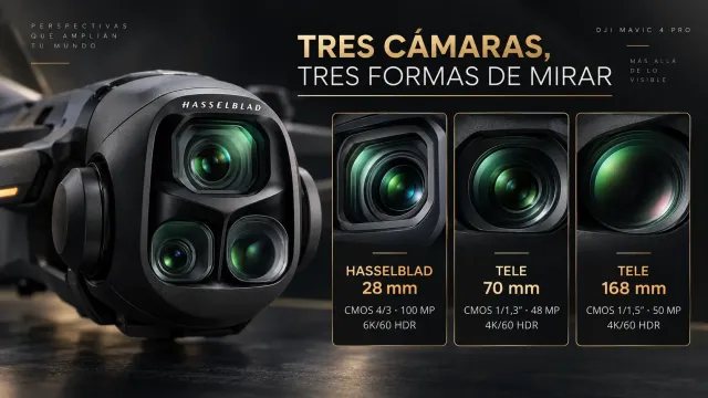 Sistema de triple cámara del DJI Mavic 4 Pro con Hasselblad de 100 MP y teleobjetivos de 70 y 168 mm
