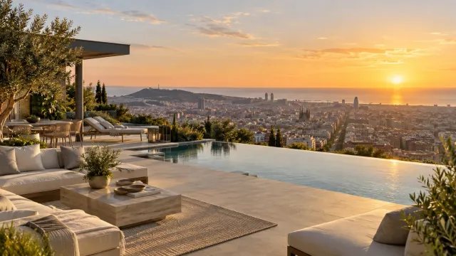 Terraza de lujo con piscina y vistas panorámicas de Barcelona y el Mediterráneo