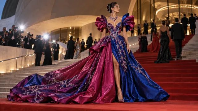 Vestido de lujo ruidoso con cristales y colores intensos en una gala exclusiva