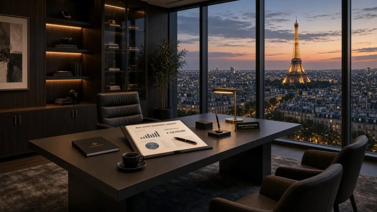 Despacho ejecutivo de lujo con vistas al perfil urbano de París al atardecer, reflejando el imperio inmobiliario y la solidez financiera detrás del fenómeno viral.